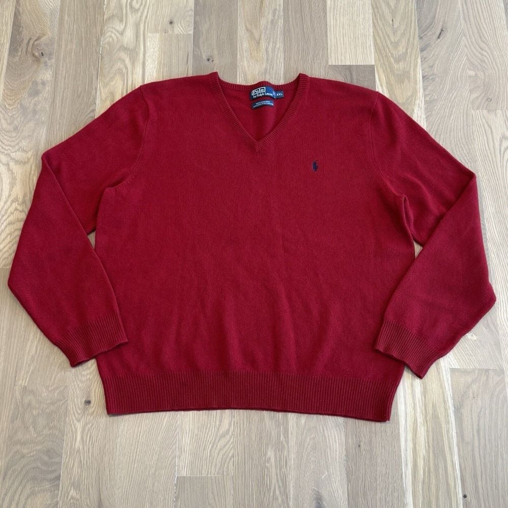 Vintage Polo Ralph Lauren Lambs Wool V Neck Sweater Mens 2XL Red Navy Pony