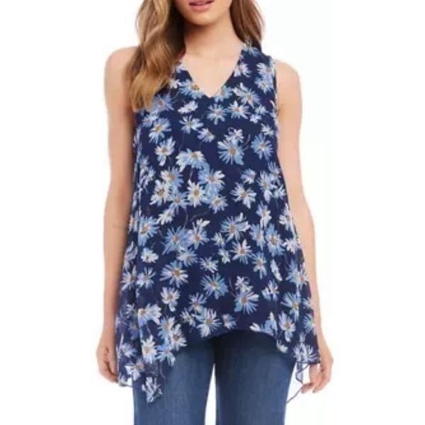 Karen Kane Tank Top Floral Size Small Blue Uneven Hem Pullover NEW