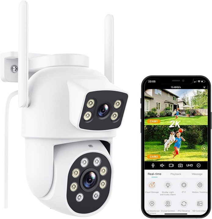 Dual Lens Security Camera Outdoor, 2.5K WiFi Cameras Two-Way Audio , Motion