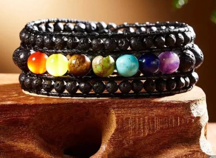 Woven 7 Chakra Balance Energy Yoga Reiki Lava Bead Leather Bohemian Wrap Bracele