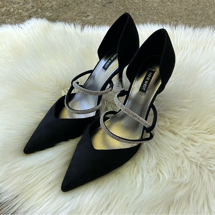 Nine West Black and Silver Rhinestone Wrapped Pointed Toe Stiletto Pumps