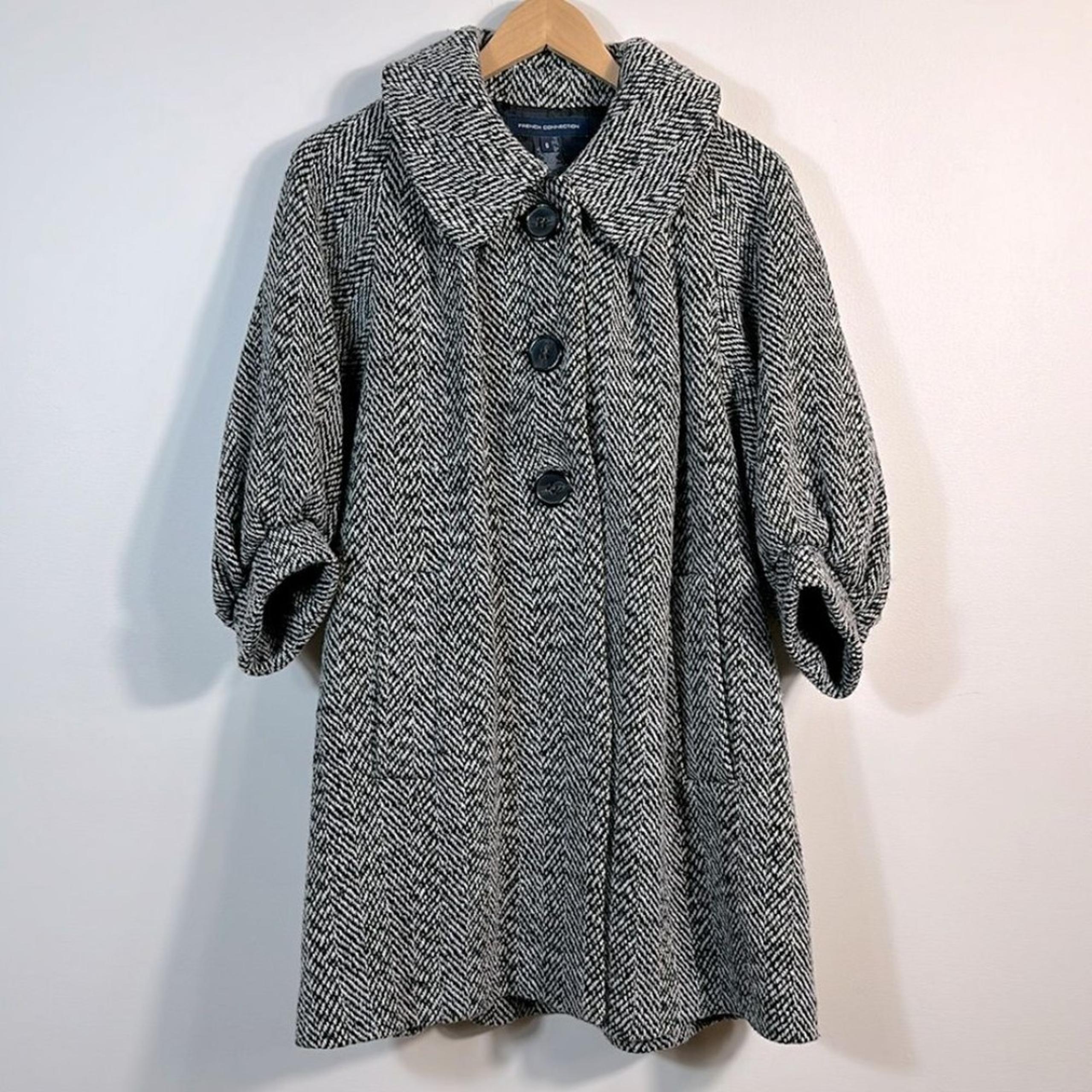 French Connection Jackie Kennedy Wool Lined Tweed Long 3/4 Sleeve Women Coat 6
