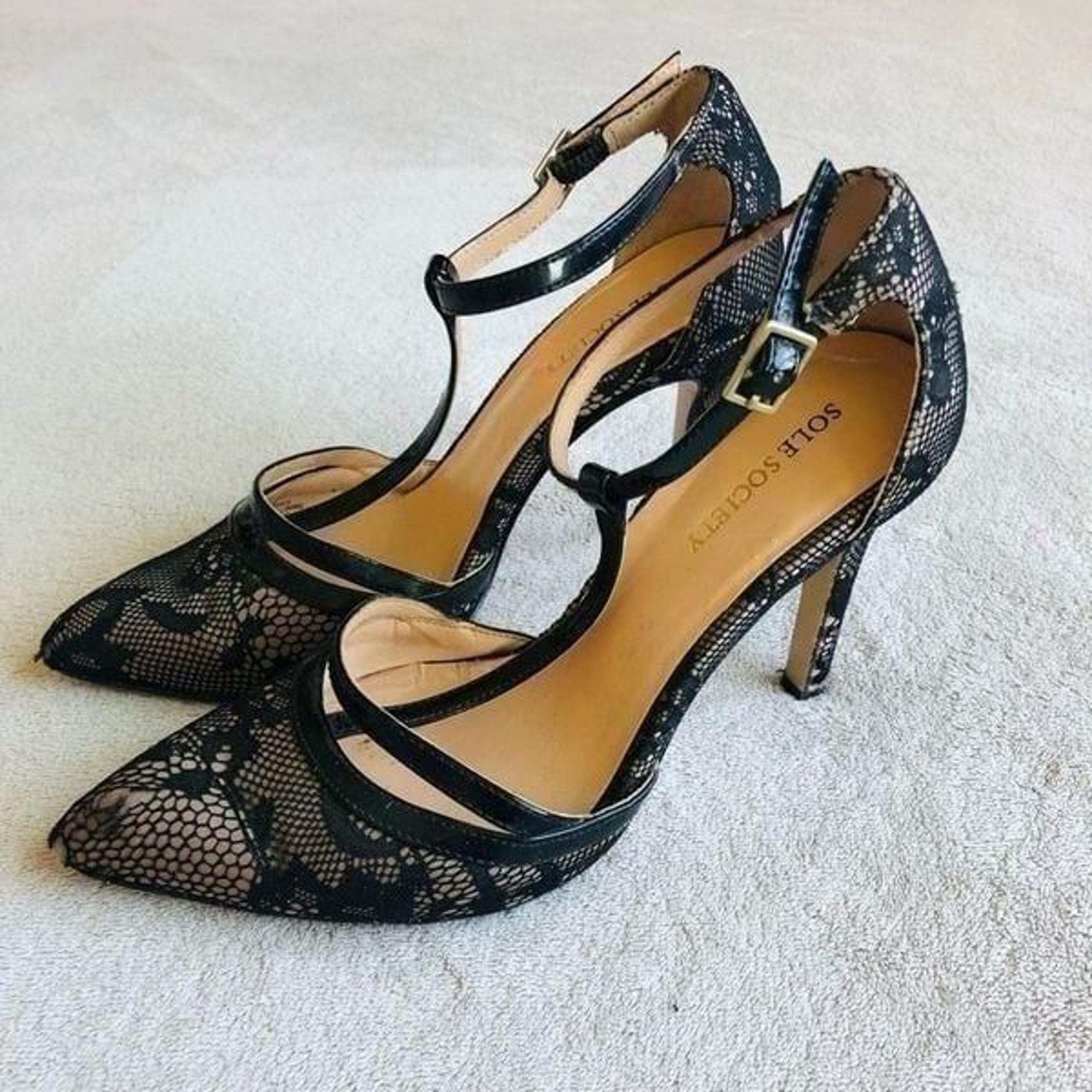 Sole Society Black Lace So Nicola Pointed Toe T-Strap Stiletto Pump
