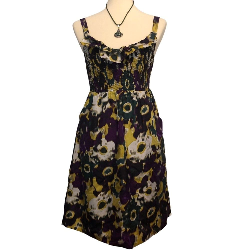 Maeve Anthropologie Wedding Guest Cocktail Silk Floral Strappy Sundress. SZ Med.