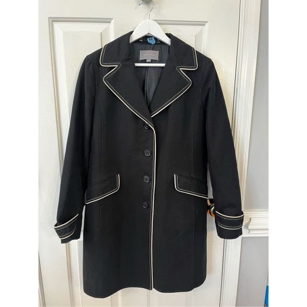Ann Taylor Black & Cream Trim Sailor Style Trench Raincoat Over Coat sz 10 EUC