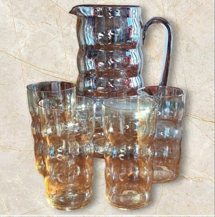 Vintage Peach Dunbar Pitcher and 4 Glasses