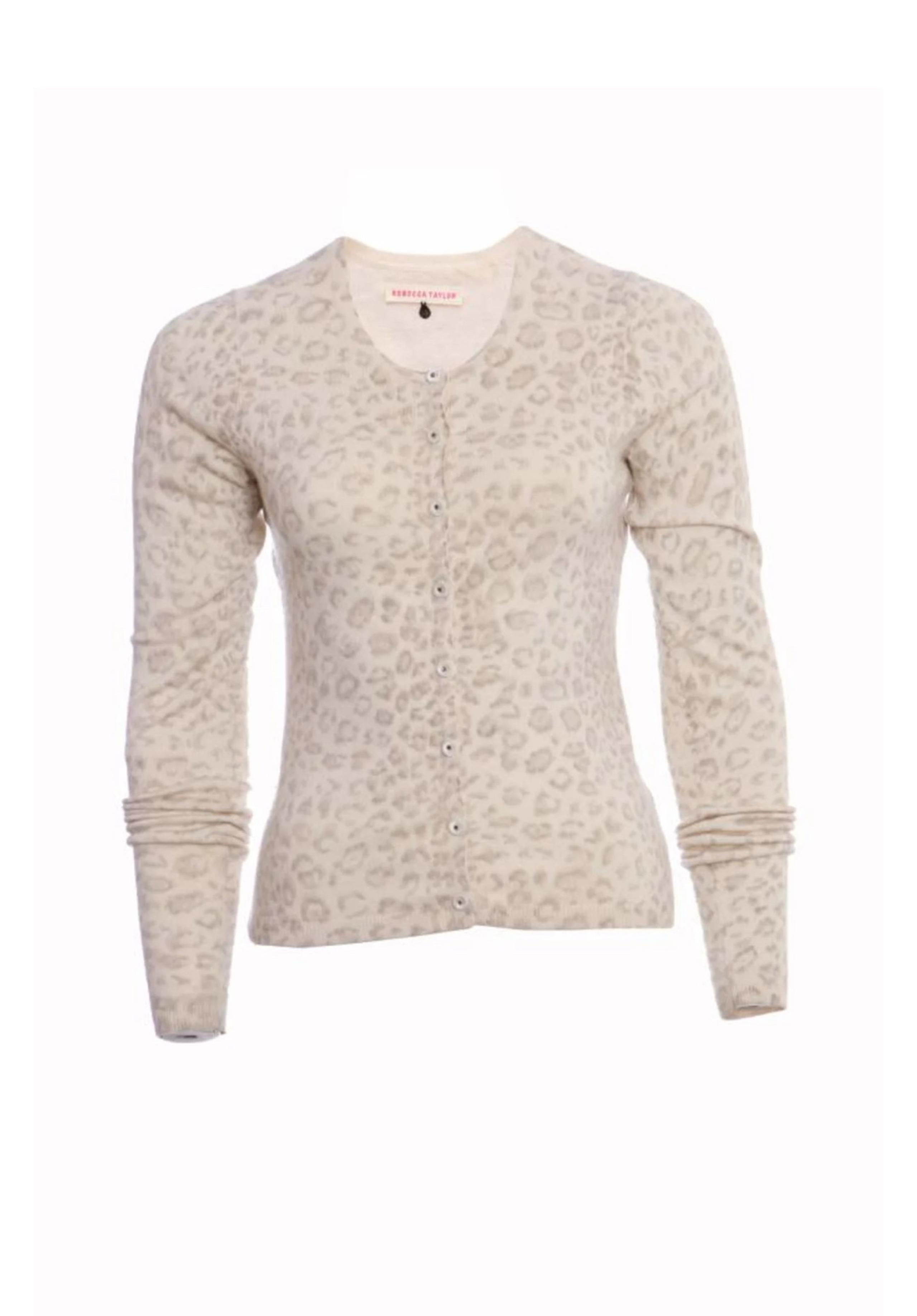 Rebecca Taylor Ivory With Grey Leopard Print Silk Cashmere Button Up Cardigan
