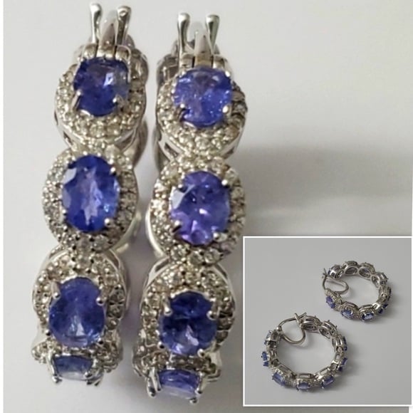 5.65 Cttw Sterling Silver 925 Tanzanite Halo Hoop Earrings