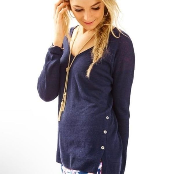 LILLY PULITZER | Leisel Navy Blue Linen V-Neck Sweater Women’s Size Medium
