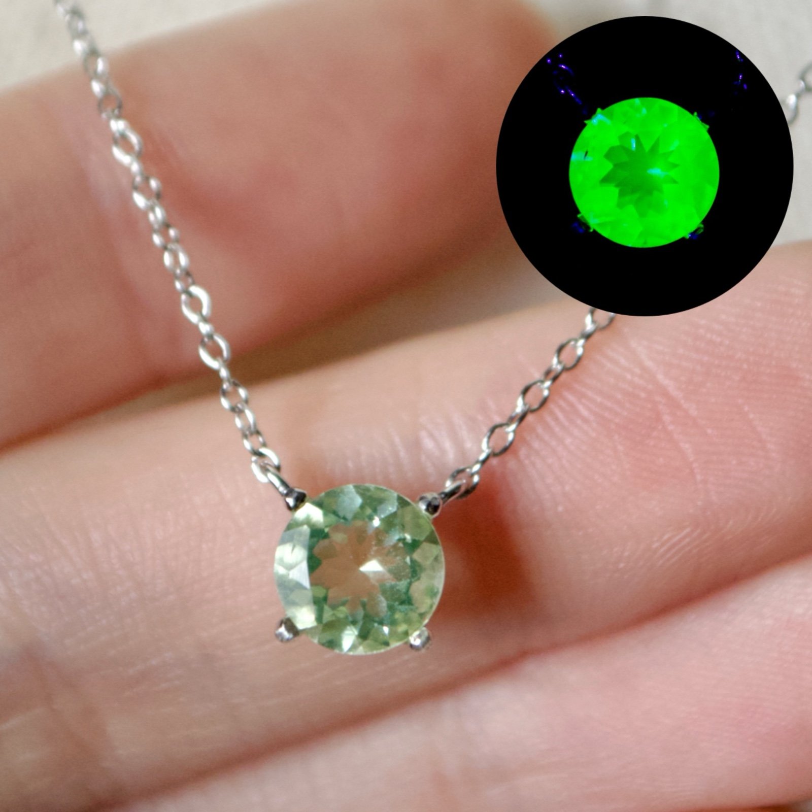 Sterling Silver UV Reactive Uranium Glass Vaseline Yellow Solitaire Necklace