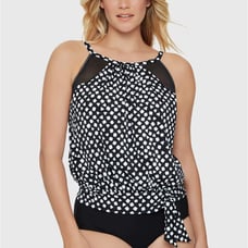 Swim Solutions Women Black/White High-Neck Blouson Swim Tankini Top Size US 18