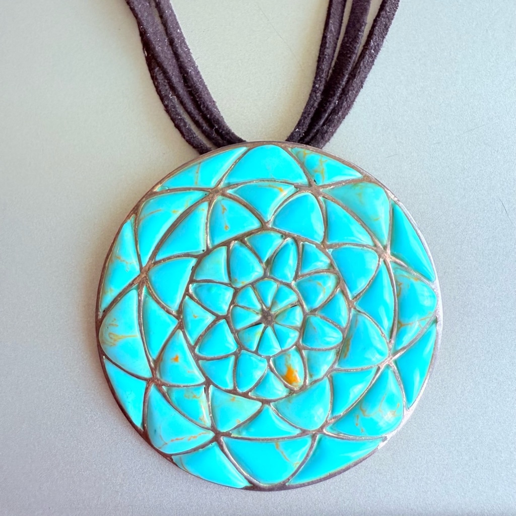 Turquoise Mosaic Labyrinth Flower Medallion Pendant Sterling Silver 925 Necklace