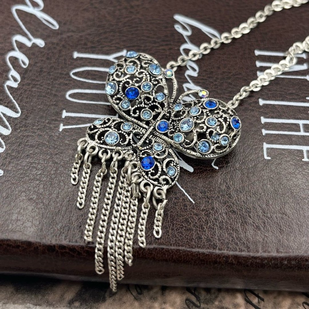 Vintage Women’s Bohemian Stainless Steel Butterfly Blue Rhinestone Necklace 19”