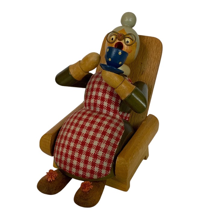 Vintage Erzgebirge Wooden Smoking Oma Grandma Figurine Rocking Chair Germany