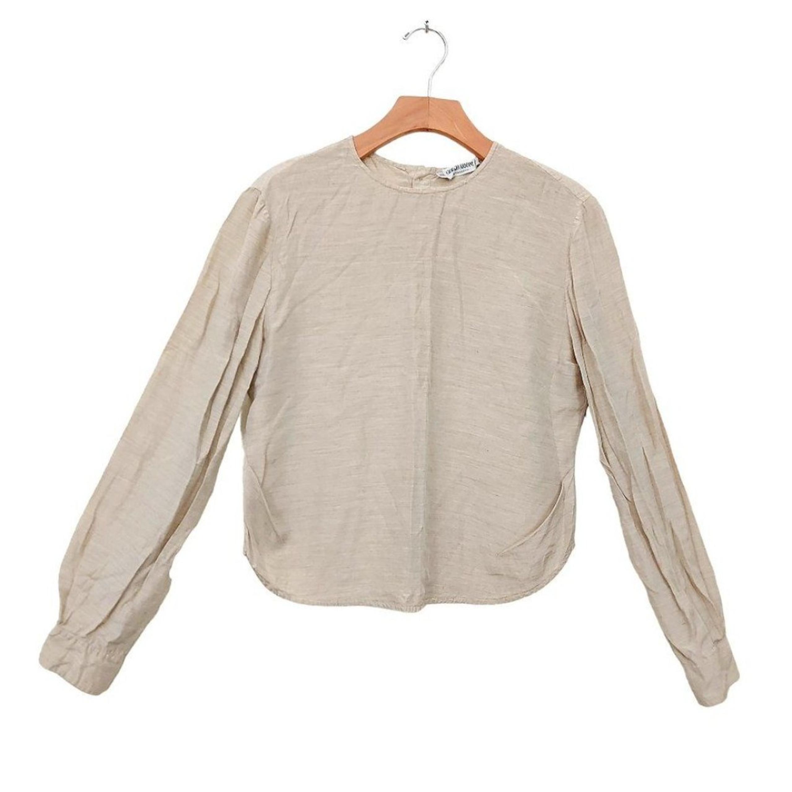Giorgio Armani Top Blouse Women 44/10 Beige Silk Long Sleeve Curvy Hem Italy