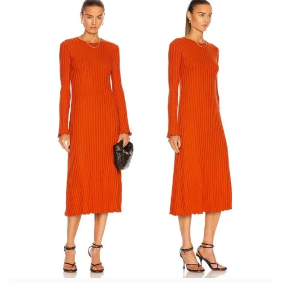Simon Miller Wells Midi Dress in Rust Wide Ribbed Knit Long Sleeve M