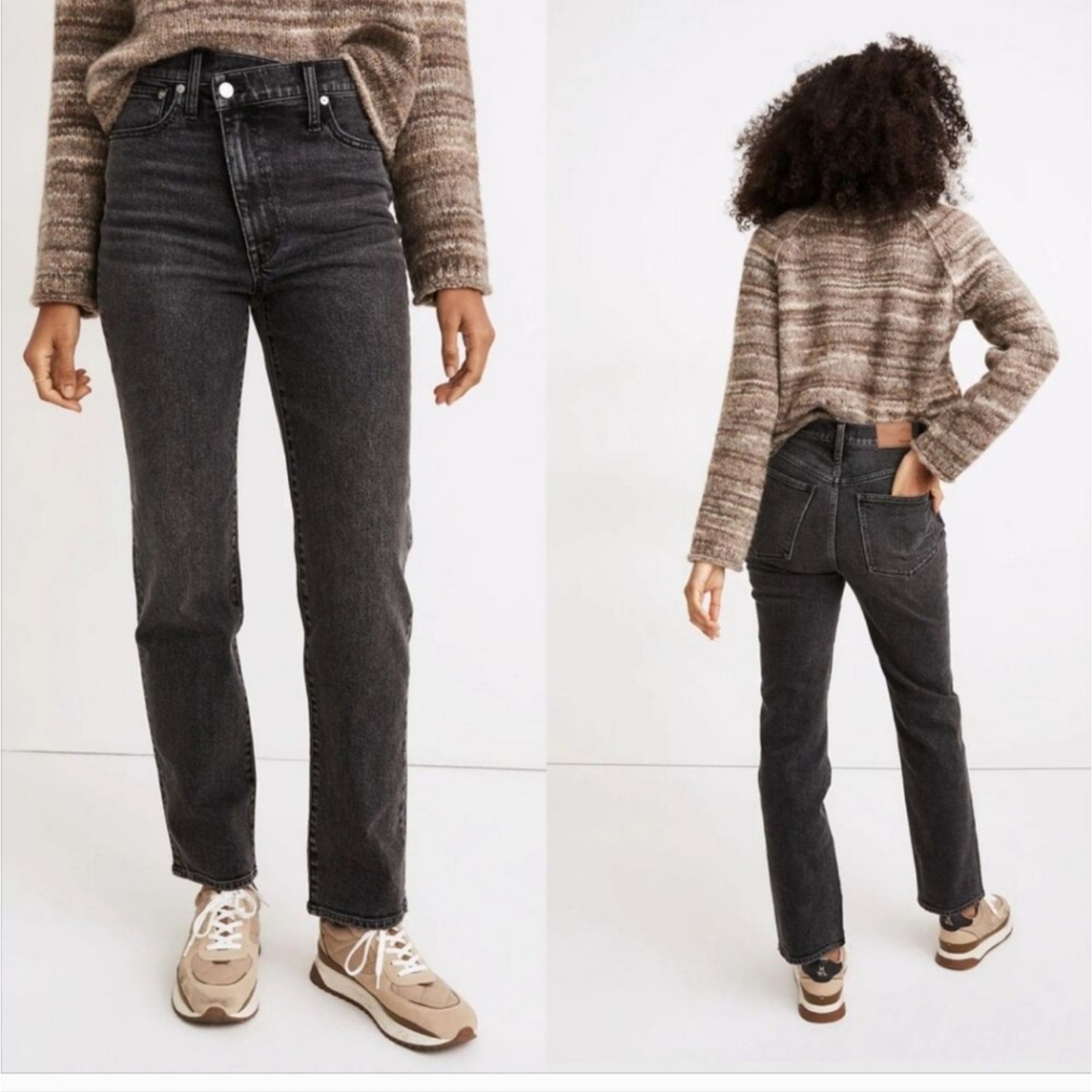 Good American Crossover Waist Black Skinny Leg Denim Jeans 8 High Rise Stretch