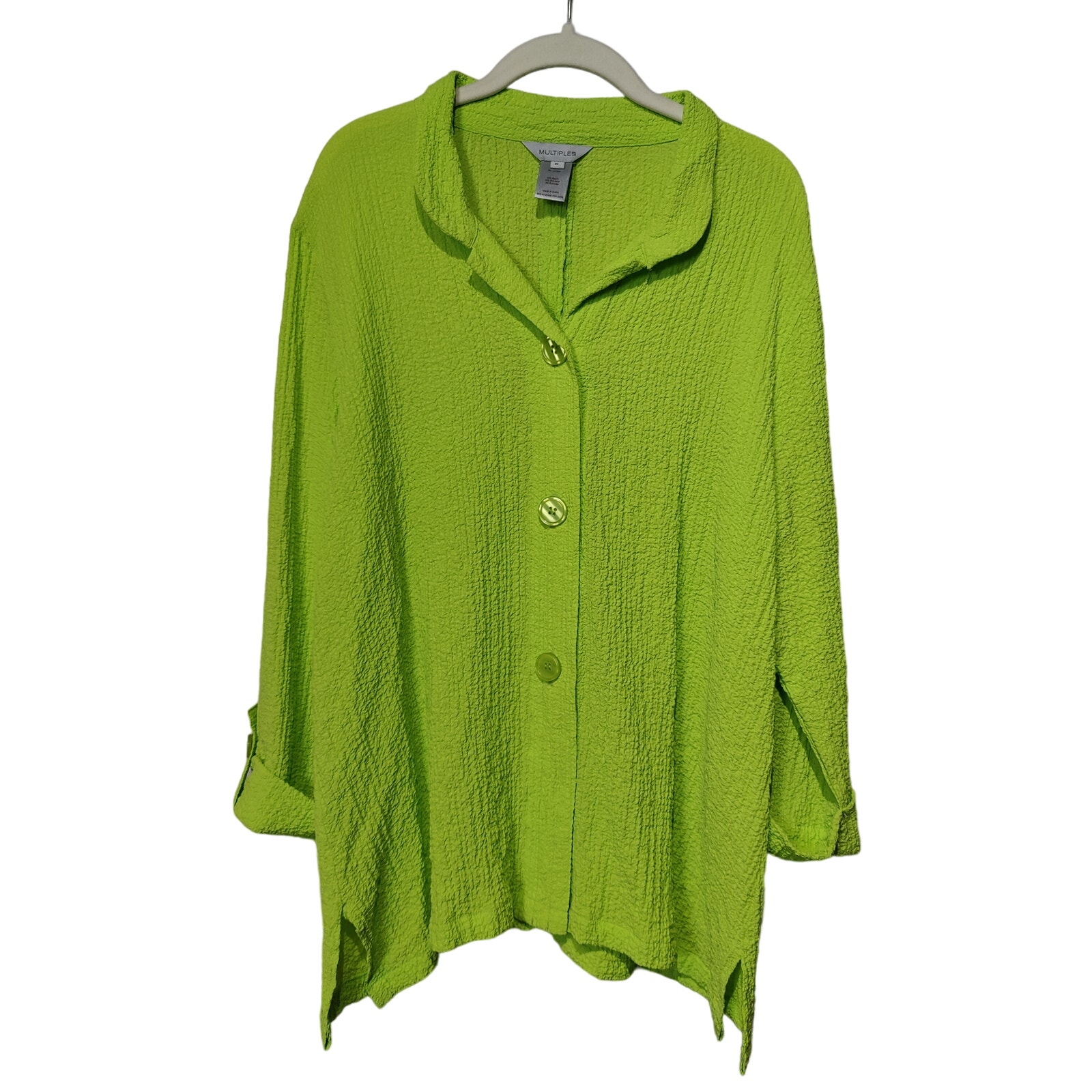 Multiples Sz XL Bright Green Crepe Button Up Shirt High Low Hem Lagenlook