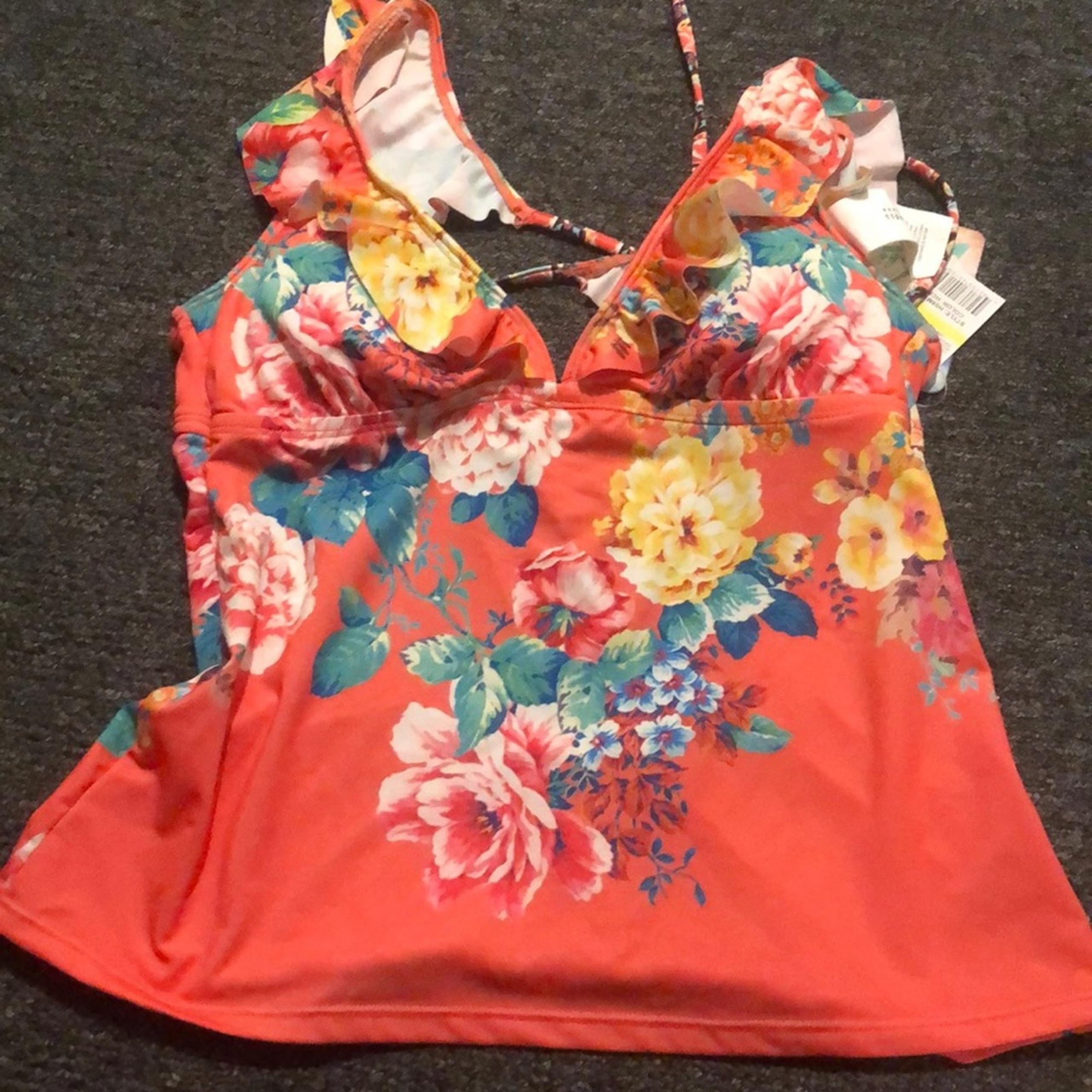 Hobie Brand Junior's Medium NWT Orange Floral Tankini Top Ruffles Criss Cross