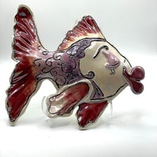 Blue Sky Clayworks Hand Painted Ceramic Kissy Fish Pink Heather Goldminc 2000