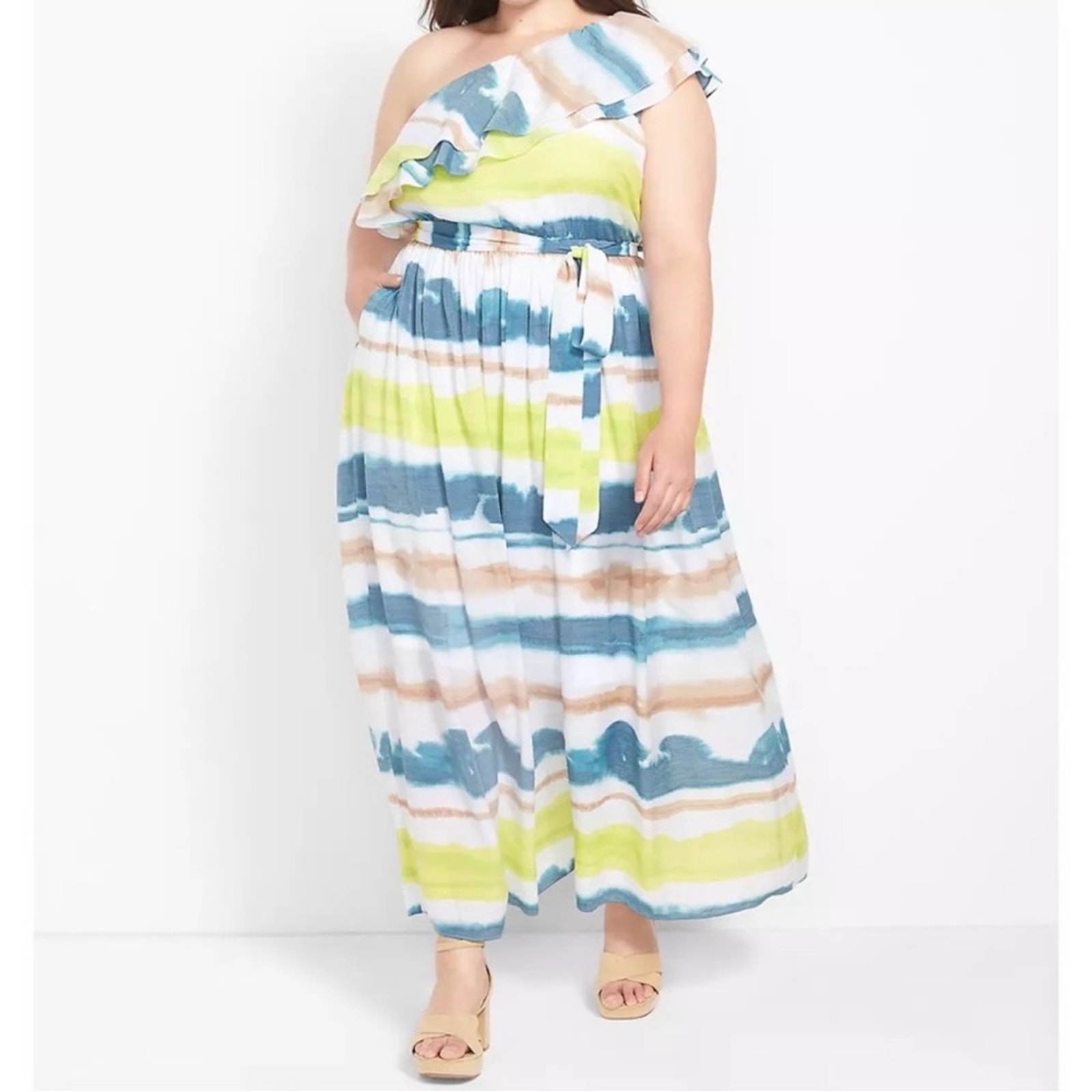 NWT Lane Bryant One Shoulder Maxi Dress Ruffle Accent Tie Waist Pockets Size 14