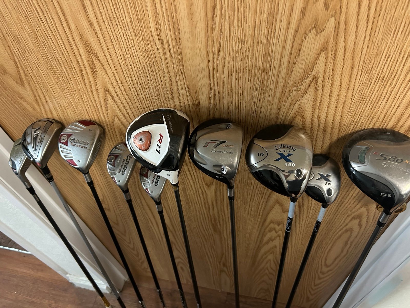 10 various golf drivers and fairway woods. TaylorMade, Nike, Cleveland, callaway