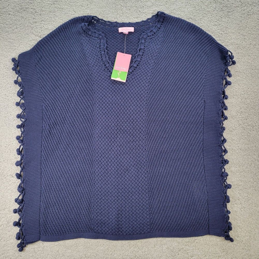 Lilly Pulitzer Size XS True Navy Keating Sweater Poncho Pom Pom Trim MSRP 108