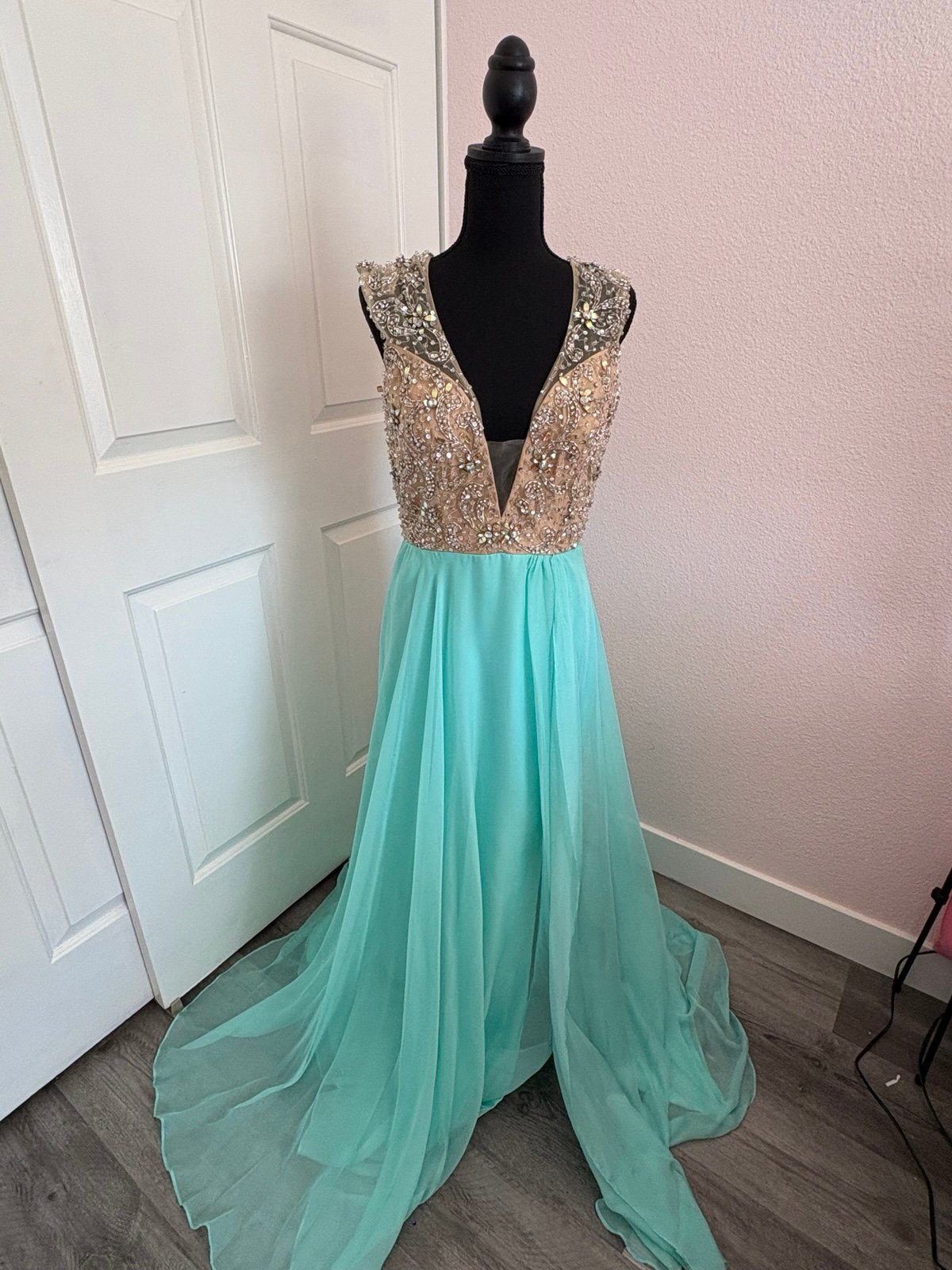 Mac Duggal Gold and Teal gown