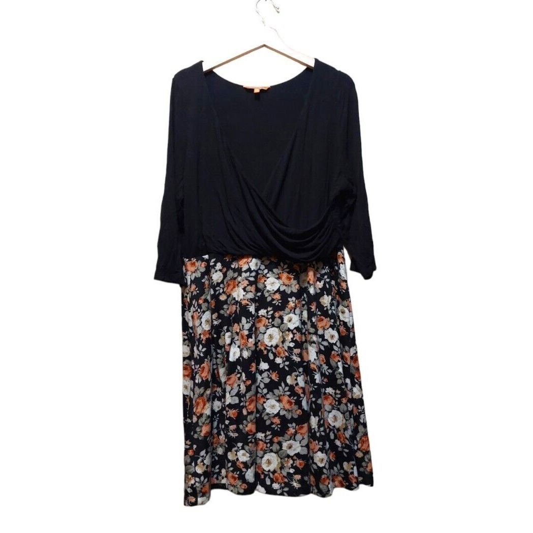 Modcloth Womens Floral Midi Dress Size 2X Black Pink White Faux Wrap Long Sleeve