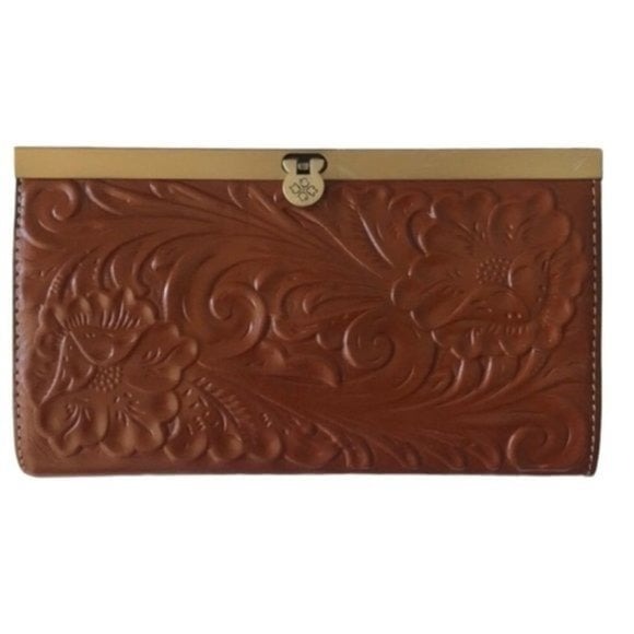 Patricia Nash Cauchy Leather Frame Wallet Tooled Florence Brown*