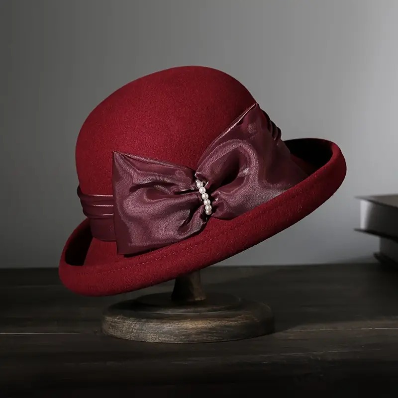 Vintage Bow Wool Bucket Hat Classic Solid Color French Style Cloche Hat Breathab