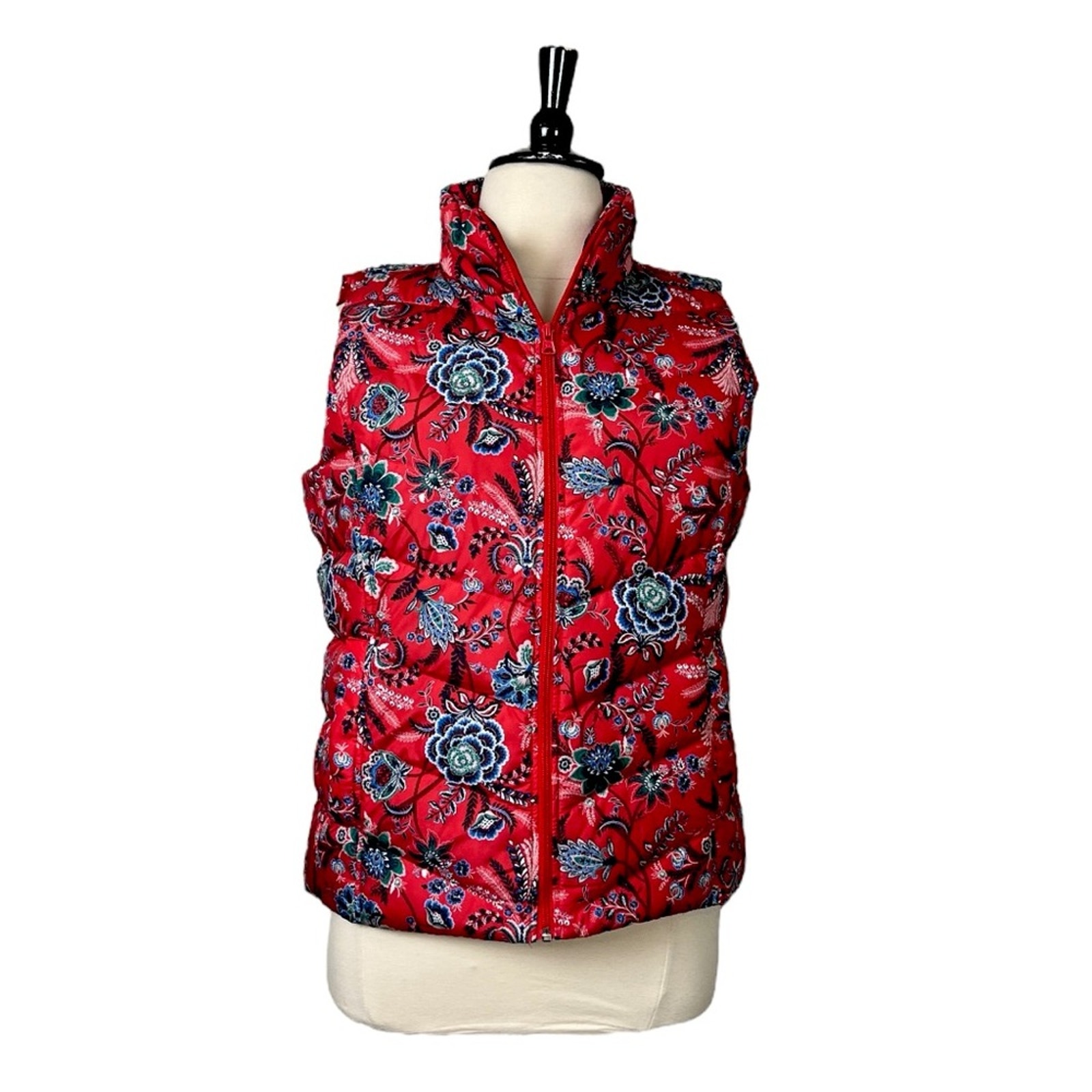 Lands’ End New Vest Quilted Puffer Zip Front Red Blue Floral Women’s Size XL 18