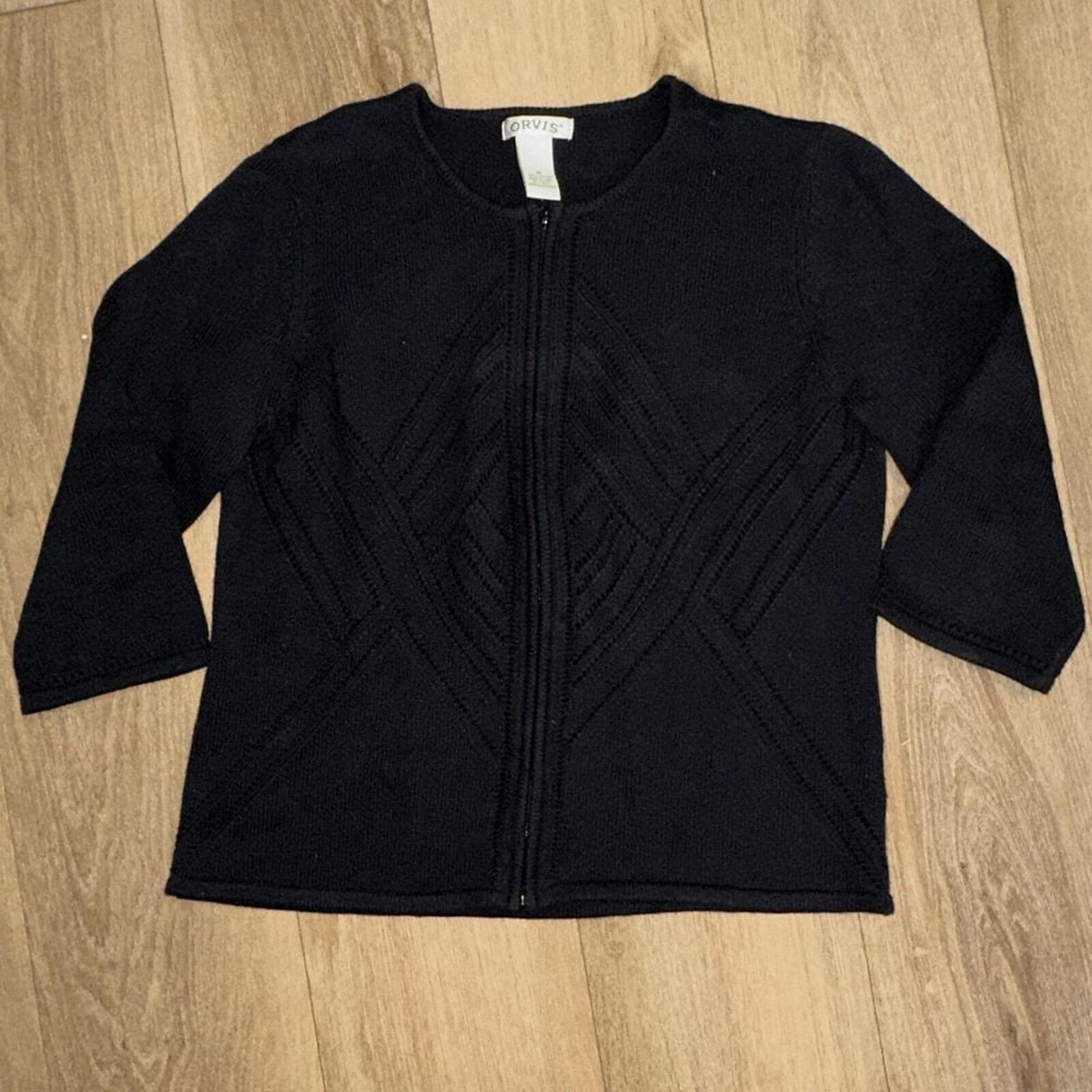 Orvis Women's Full Zip Cardigan Sweater Black Medium Preowned 3/4 Sleeve Cotton
