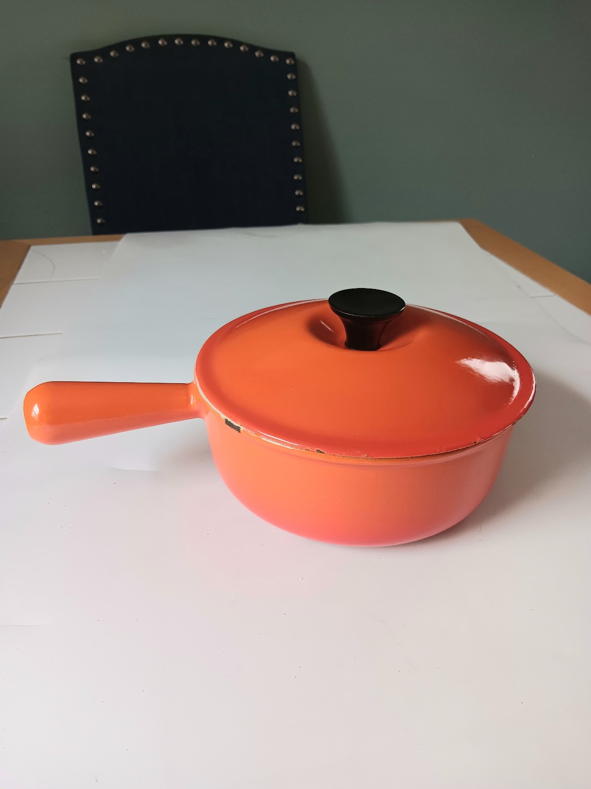 Vintage Le Creuset Flame Orange Cast Iron Covered Sauce Pan #20 Hollow Handle.