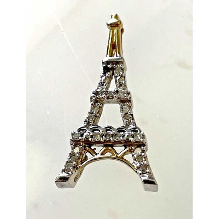 14K Gold Sterling Silver & Diamond Eiffel Tower Pendant Signed SB Paris France