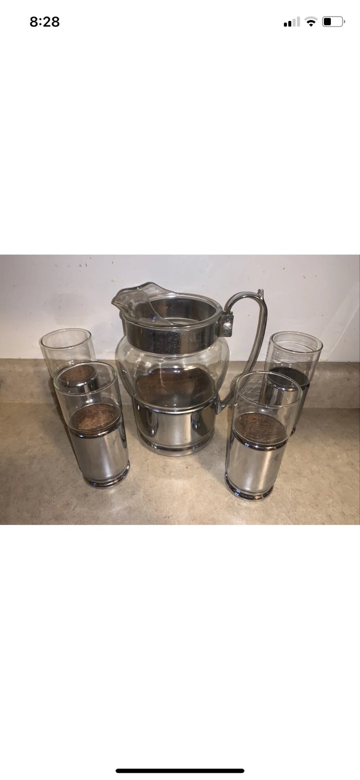 Hellerware Chrome & Crystal 5 pc Pitcher Tumbler Glasses Set Chromium MCM Style