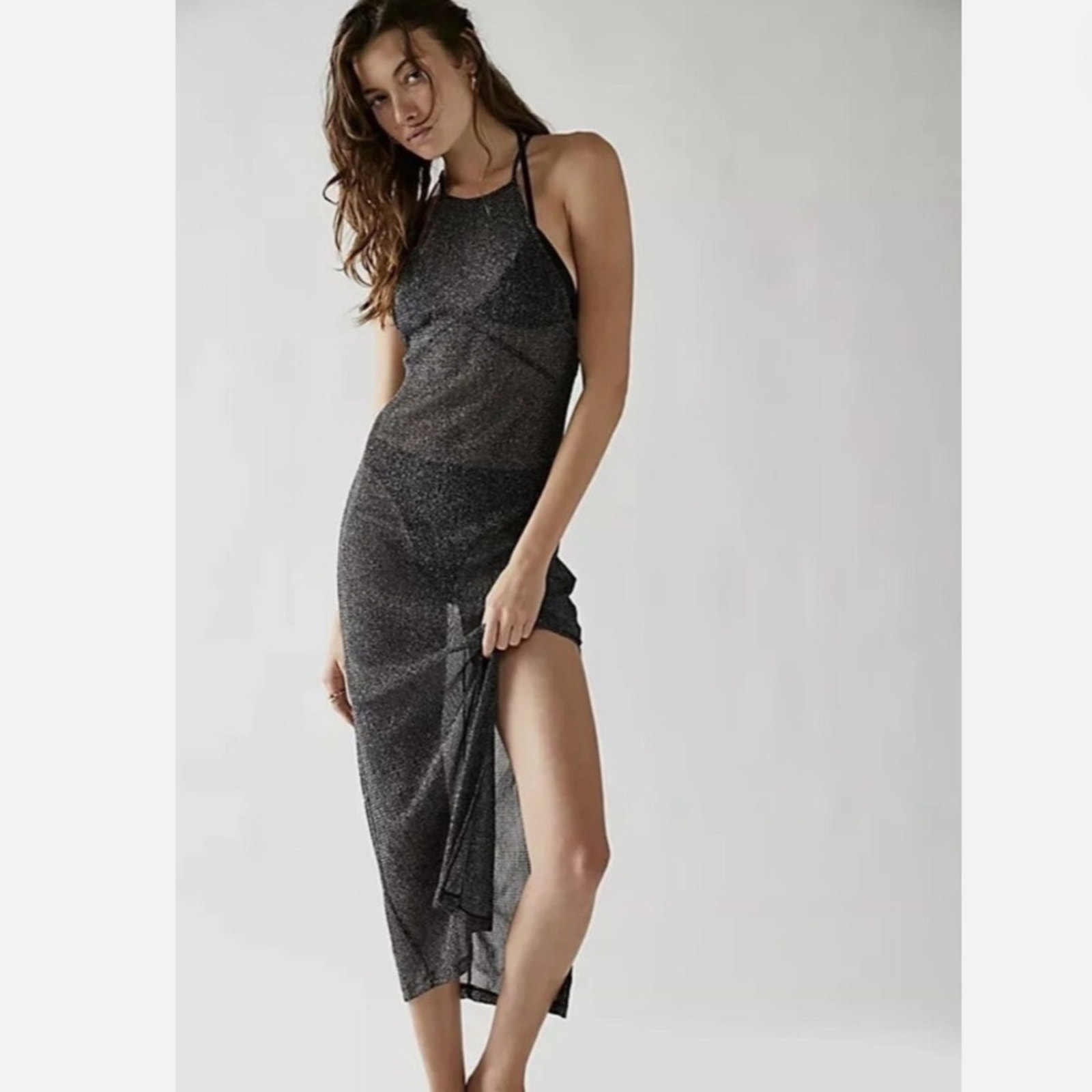 Free People Intimately After Party Sheer Black Metallic Maxi Slip Dress Small