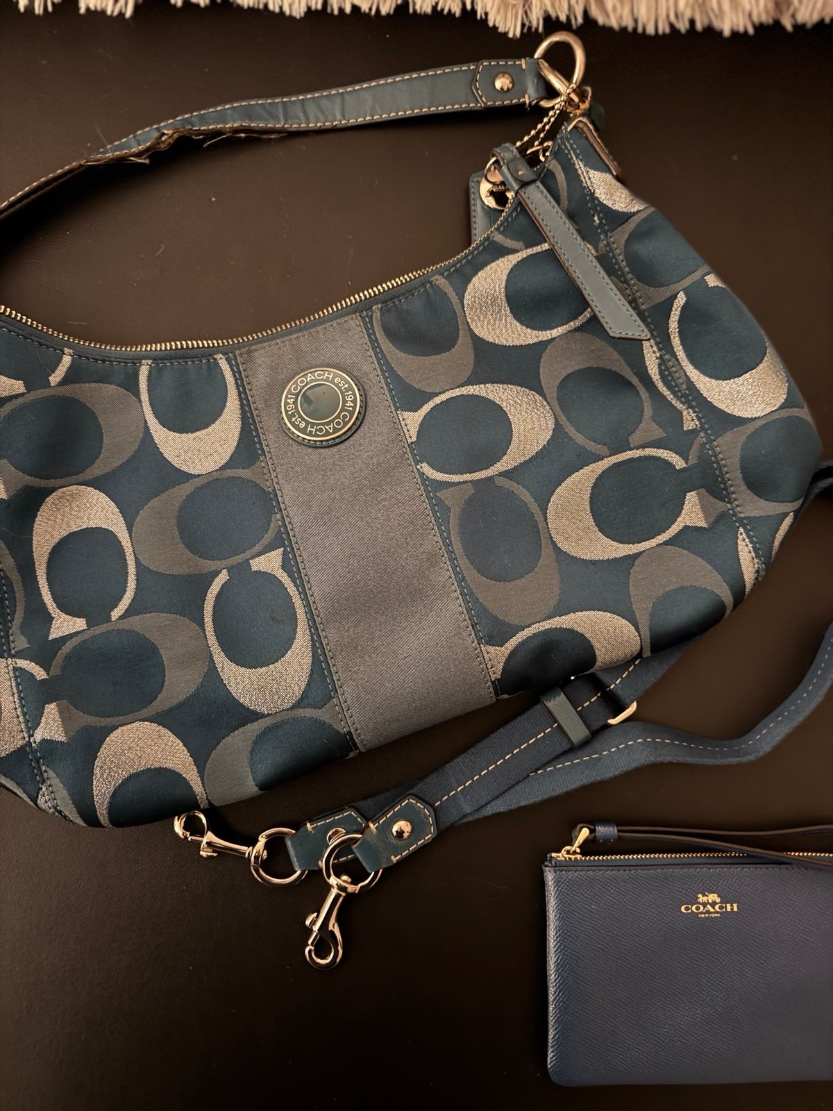 Coach Signature Teal Metallic Hobo Purse & Wristlet Bundle