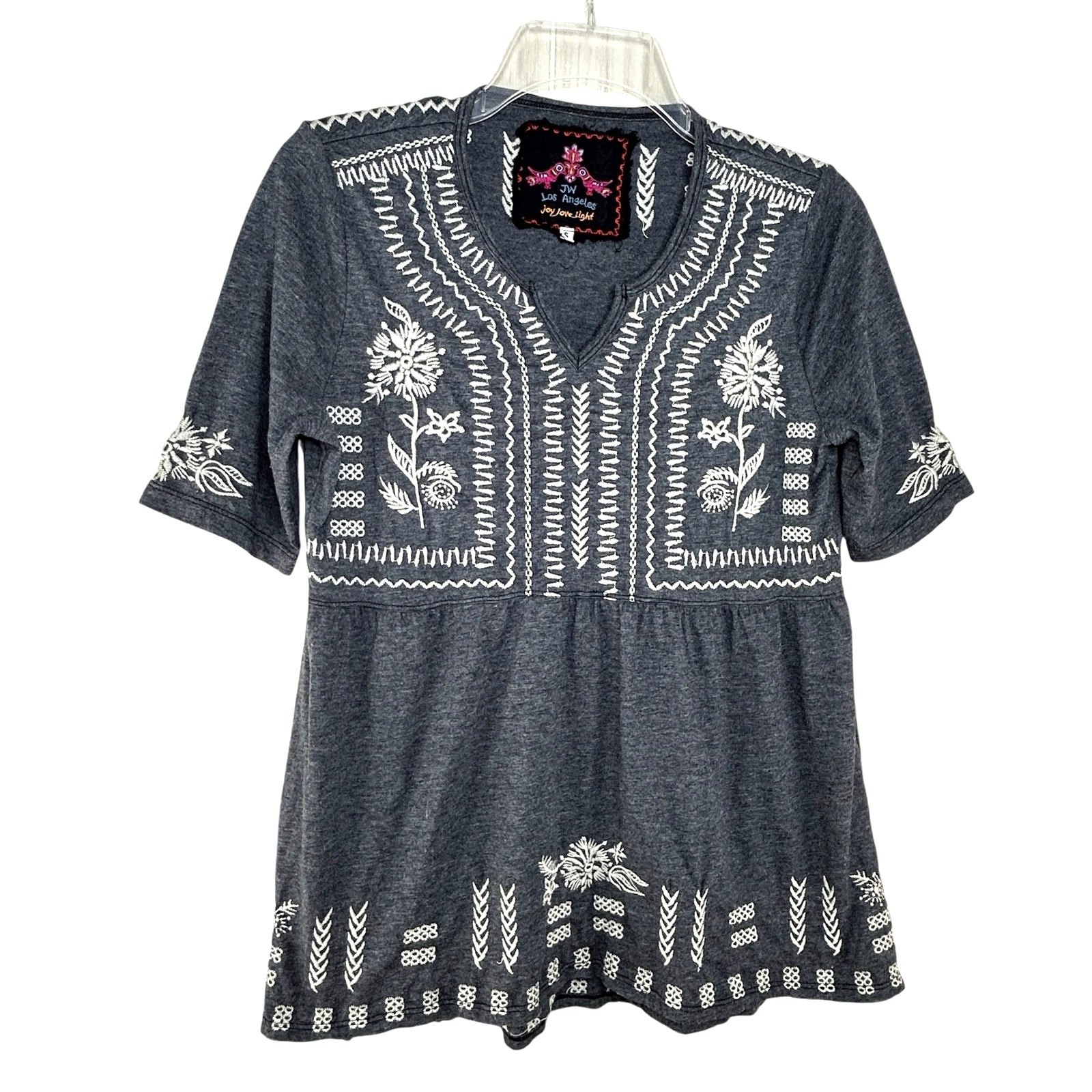 Johnny Was Embroidered Knit Peplum Top Size S Gray Short Sleeve