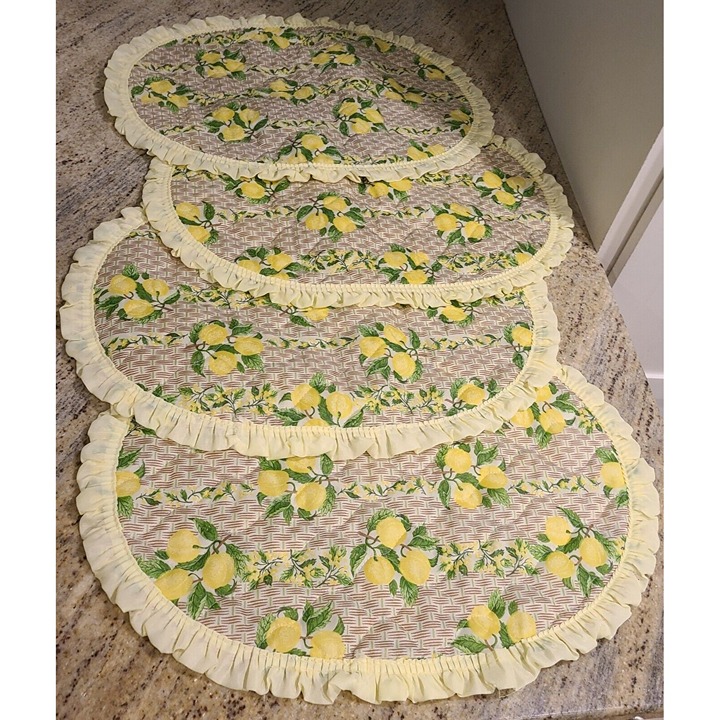Lot of Vintage Oval Fabric Placemat Yellow Lemon Pattern 19 x 14 MCM Grandma