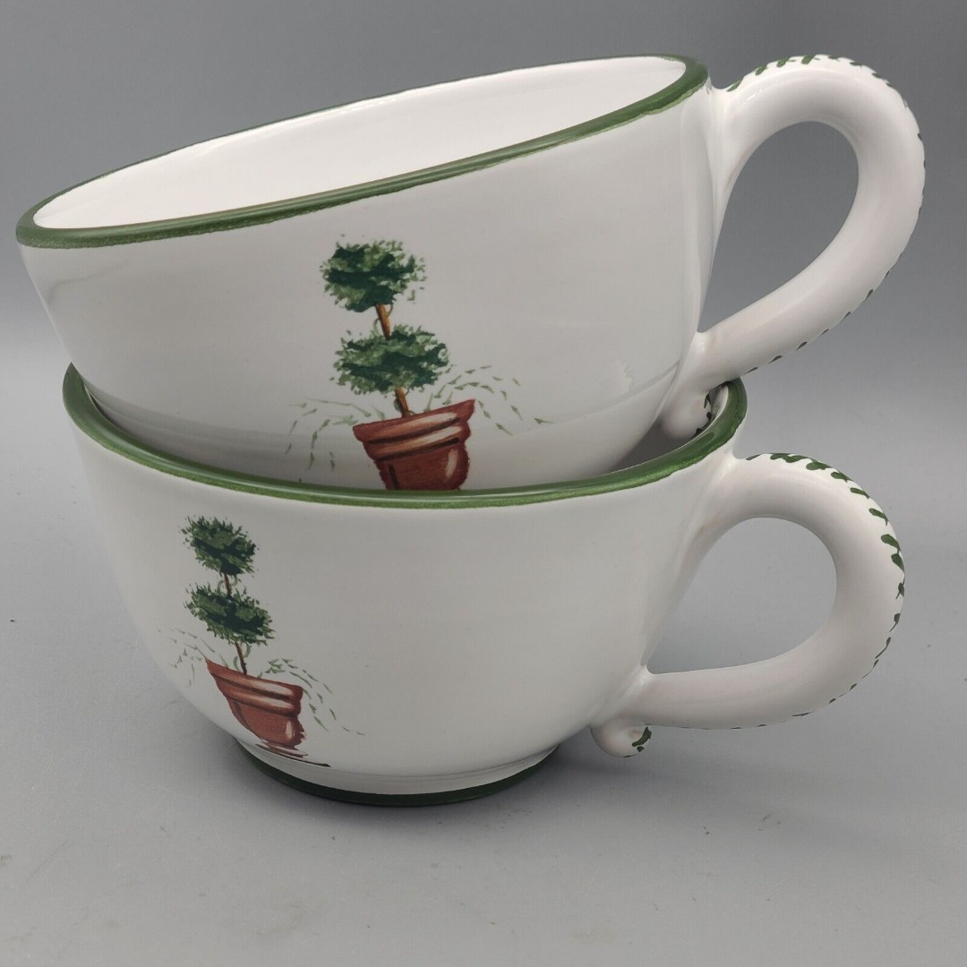 Deruta Italy Alabaster Giardino Set (2) Topiary Soup Mugs Bowls new vintage