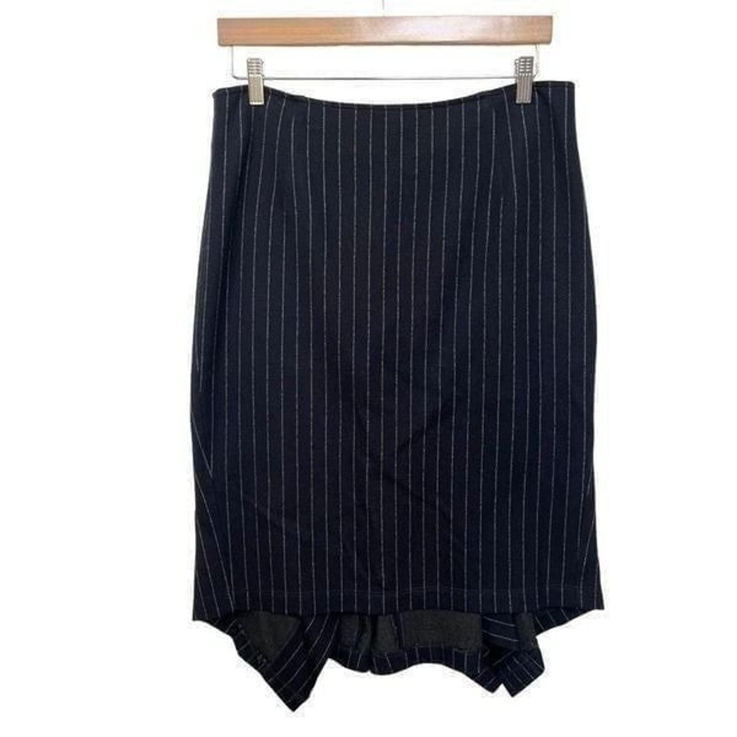 Max Mara Pencil Skirt Pin Stripe Ruffle Dark Navy Blue Designer Workwear size 46