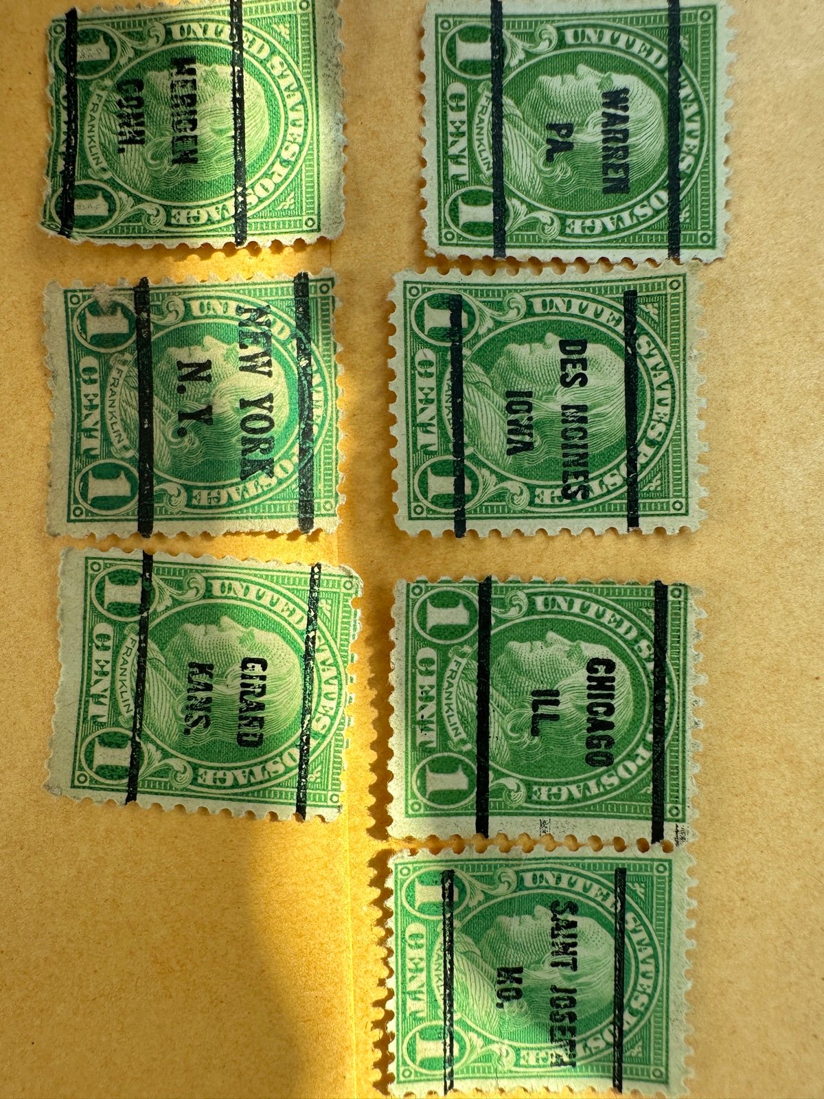 One cent lime green Franklin stamp
