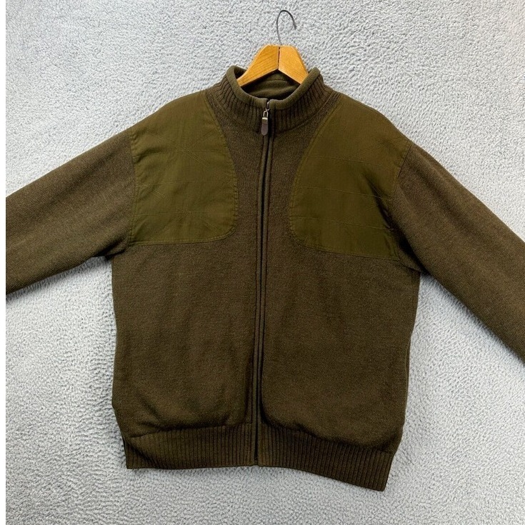 Orvis Wool Sweater Jackets Adult Large Olive Green Full Zip Shoulder Patch Mens