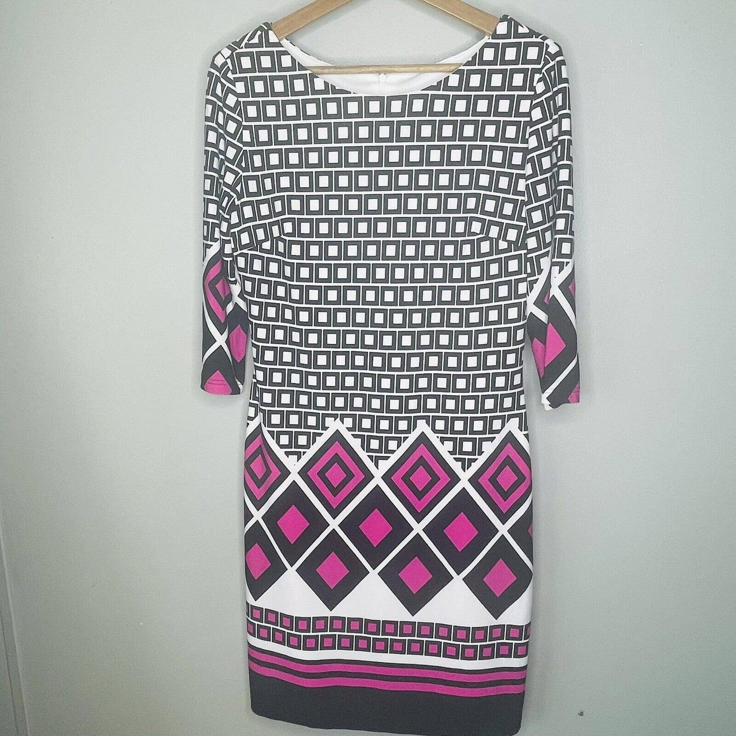 Joseph Ribkoff women’s size medium 10 black white pink abstract midi dress