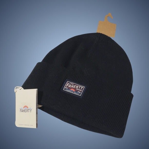 Faherty Beanie Wool Blend Core Logo Cuffed Patch Ribbed Knit Black One Size NWT