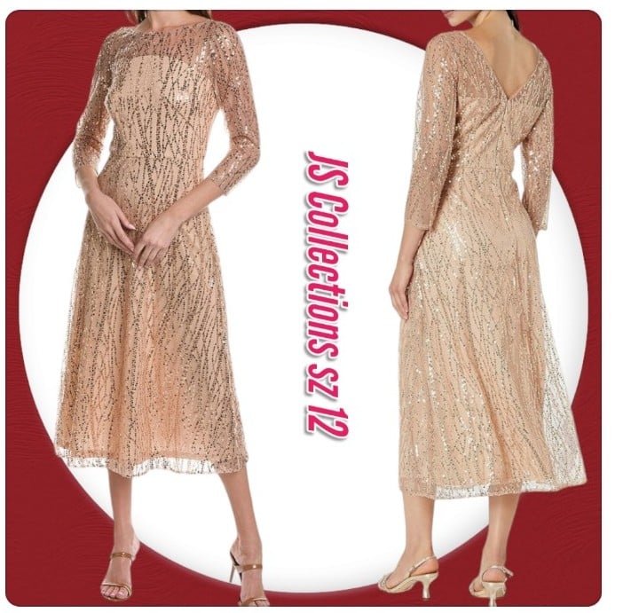 JS Collections 3/4 sleeve Embellished Cocktail A-line Tea Length Rose Gold Dress