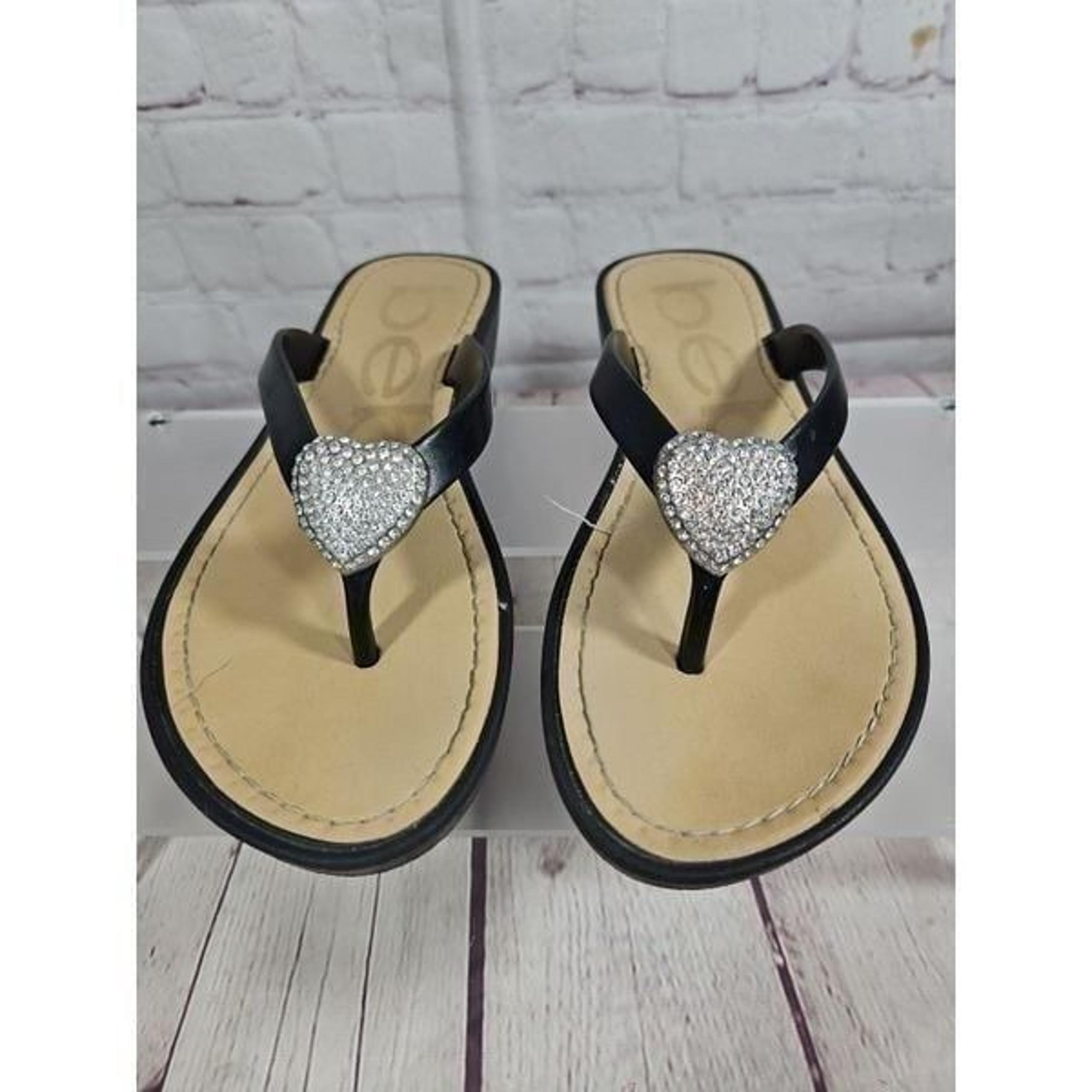 Bebe Silver Rhinestone Heart Black Slip-On Sandals Women's Size 6.5