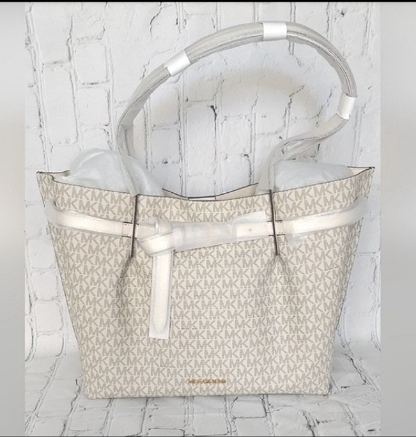 Michael Kors Large Logo East West Tote Silver Leather Light Cream