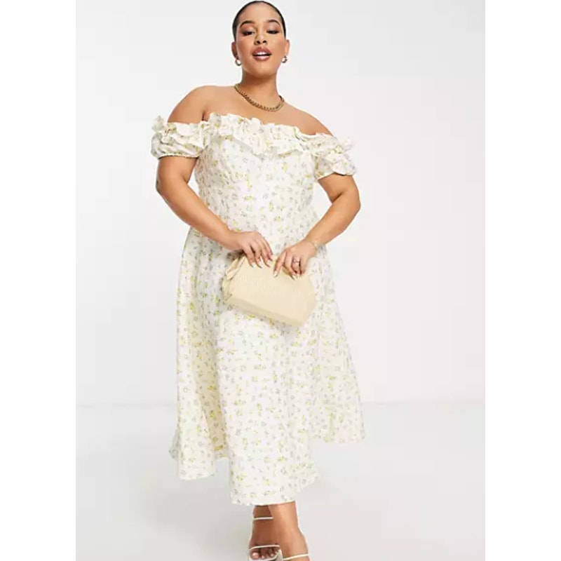 Ever New Curve SZ 18 Bardot Frill Midi Dress in Lemon Ditsy Floral